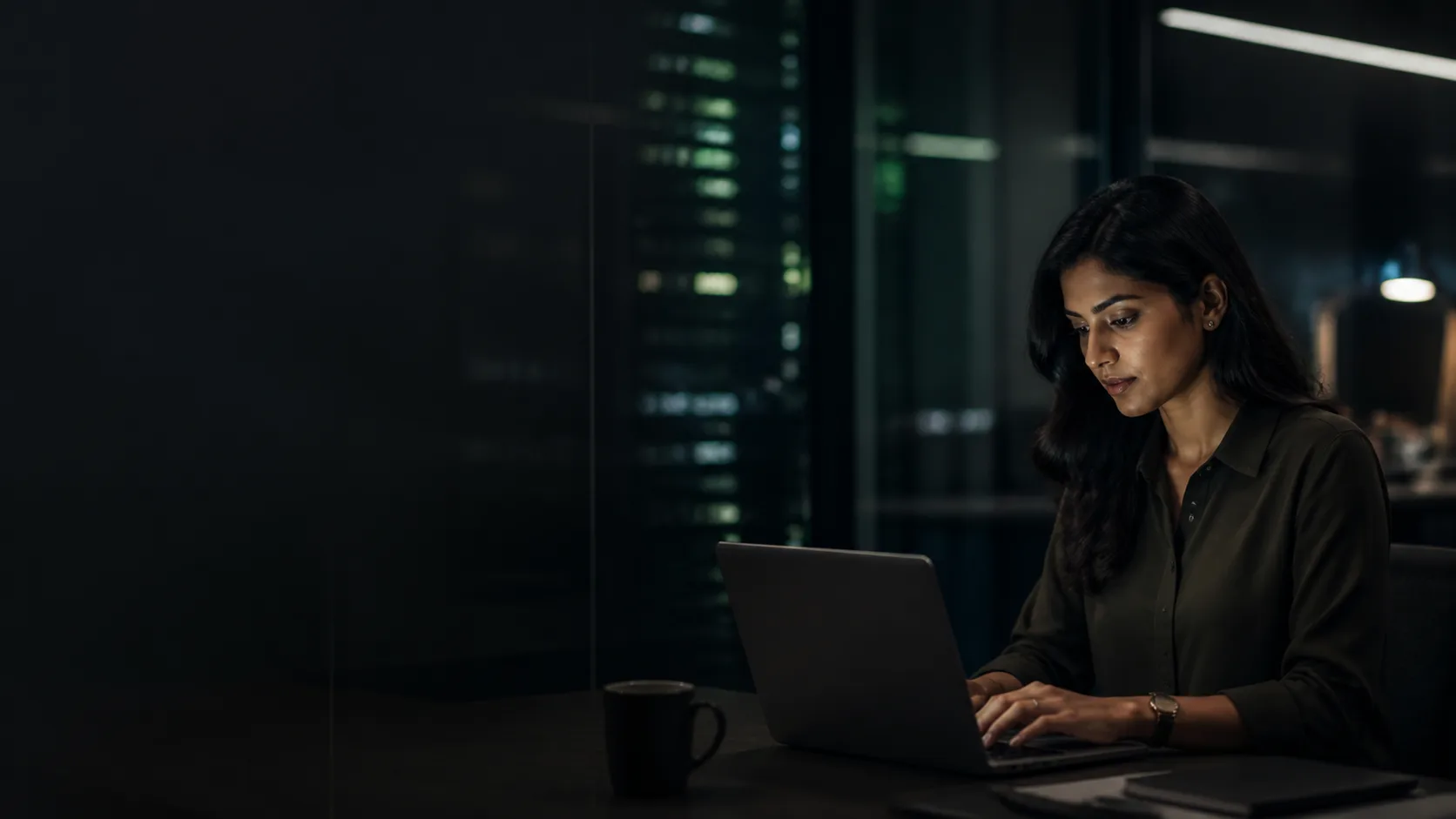 A software engineer working in a glass-walled studio at night