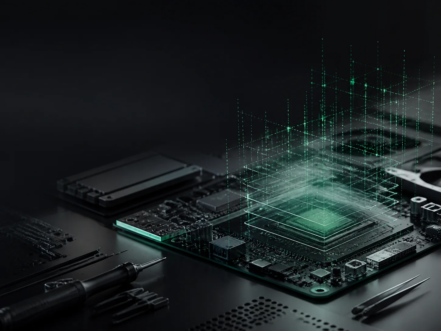Layered computation visualized above precision computer hardware