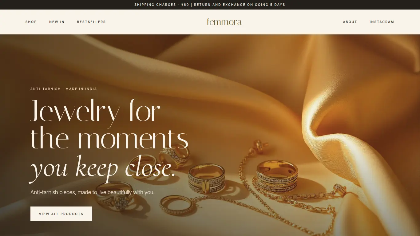 Femmora anti-tarnish jewellery ecommerce homepage